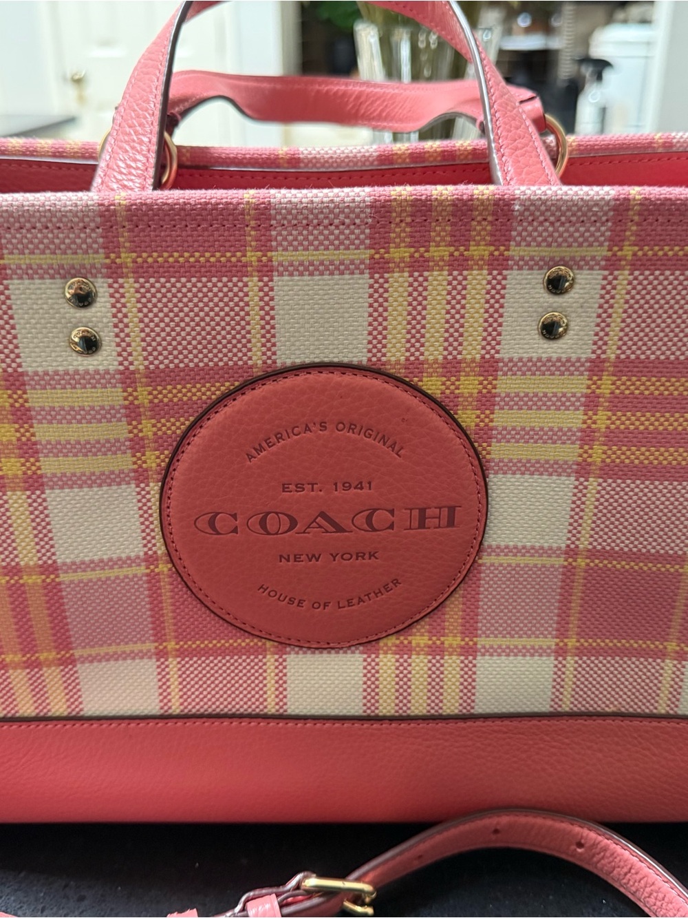 Coach Pink Plaid Tote with Coral Leather Trim